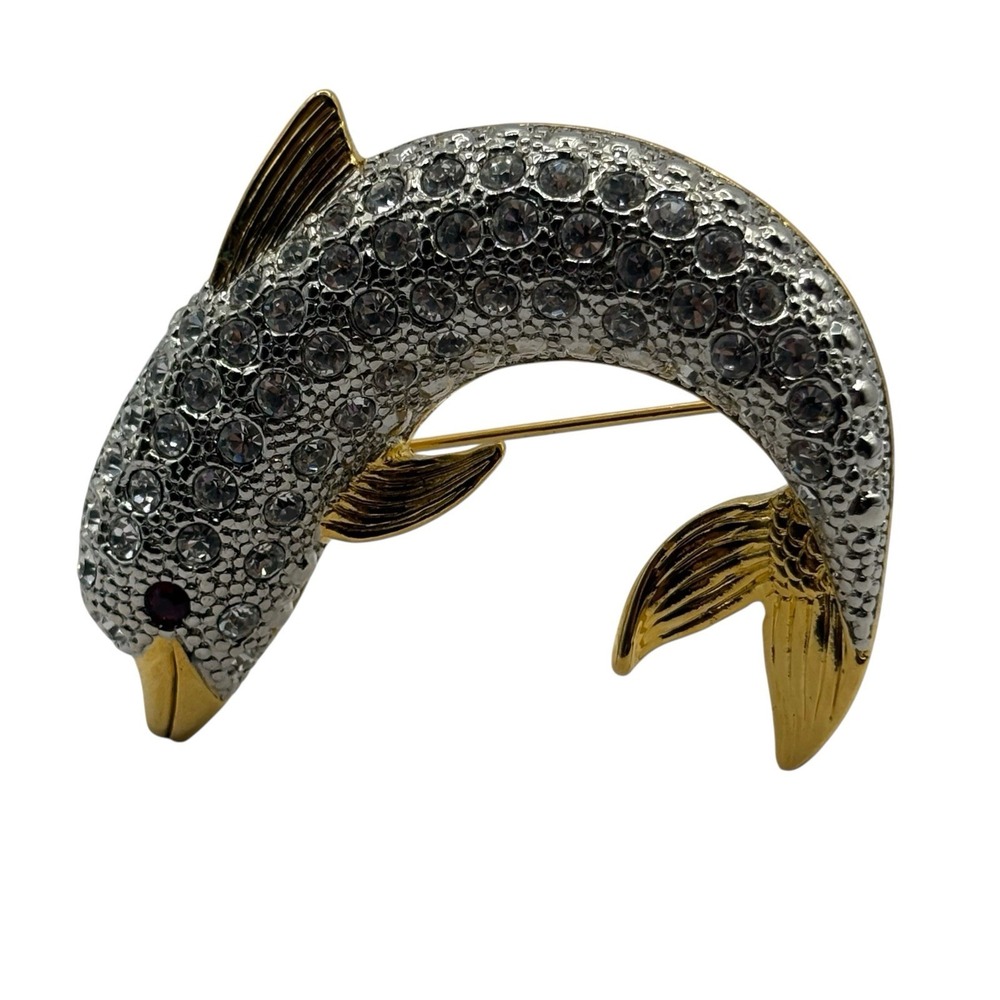 Vtg Dolphin Brooch Pin By P. S. Co. Rhinestone Gold Tone Y2K Dated 2000 Ocean